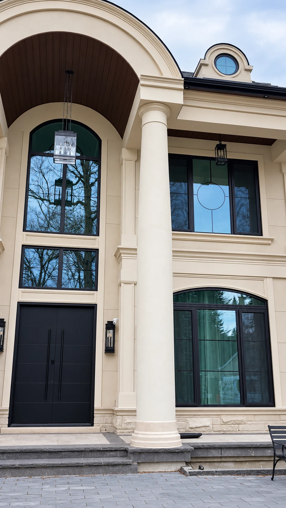 Project 2346 after exterior finishing: cream stucco, a finished column and architectural mouldings