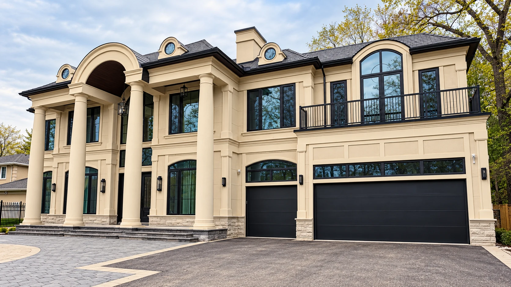 Canada Stucco custom home exterior with cream finish, tall columns and dark framed windows